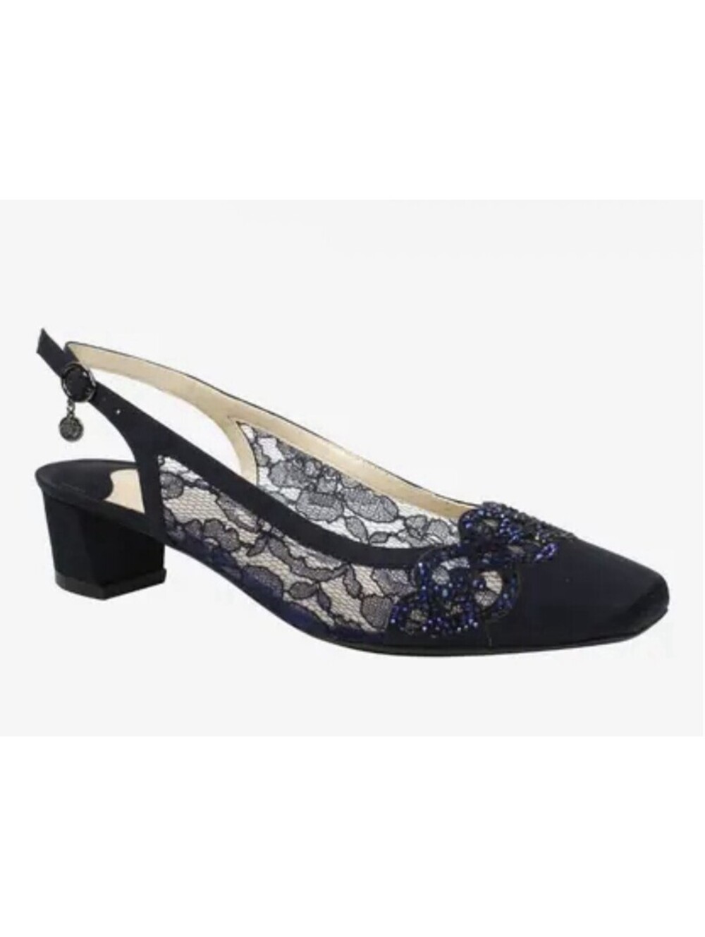 J. Renee Slingback Heels Womens 8.5 W Navy Blue Lace Beaded Satin Low Block Heel